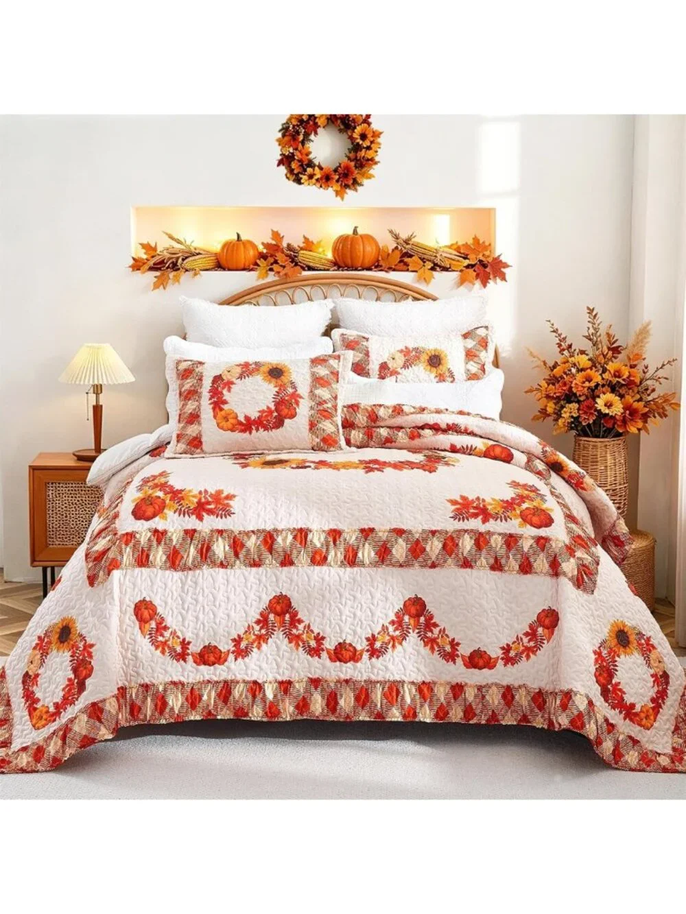 King Size Reversible Quilt Set - Fall Pumpkin & Plaid Bedding, 3PC Home Decor